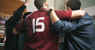 Buy stock photo Sport, fans and hug for game, bar and celebration for win, success and support for team with uniform. Pub, audience and people with unity for soccer, embrace and cheering for achievement or match