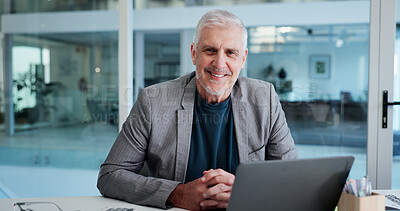 Buy stock photo Smile, portrait and laptop with business man in office for account manager, planning and budget review. Happy, portfolio advisor and online trading report with mature person for investment broker