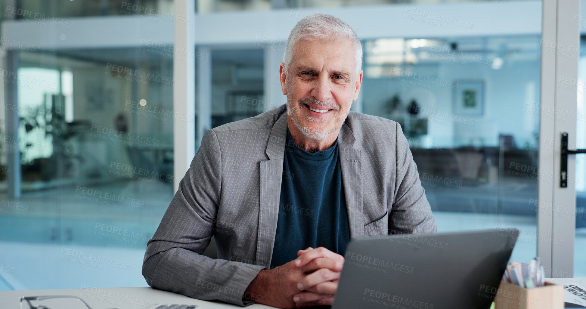 Buy stock photo Smile, portrait and laptop with business man in office for account manager, planning and budget review. Happy, portfolio advisor and online trading report with mature person for investment broker