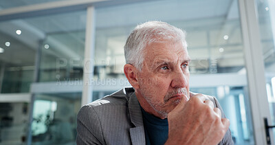Buy stock photo Thinking, doubt and mature businessman in office for decision, reflection or memory in finance career. Planning, professional and male financial manager with unsure choice for job in workplace.