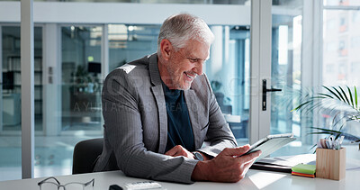 Buy stock photo Happy, man and reading in office with tablet for financial report, business growth and development. Mature person, smile and review with tech for finance goals, company improvement and good news.