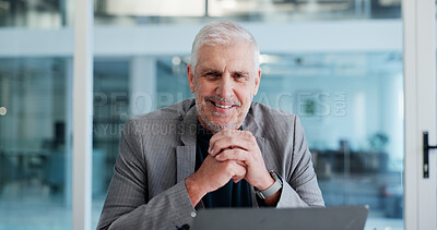 Buy stock photo Portrait, man and smile in office with laptop for financial consulting job, career development or pride. Happy, mature person and finance consultant with computer, management opportunity or ambition.