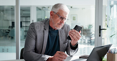 Buy stock photo Office, serious and man with smartphone, texting or communication for investment opportunity on web. Business, wealth manager and mature person with mobile, online and chatting on social media app