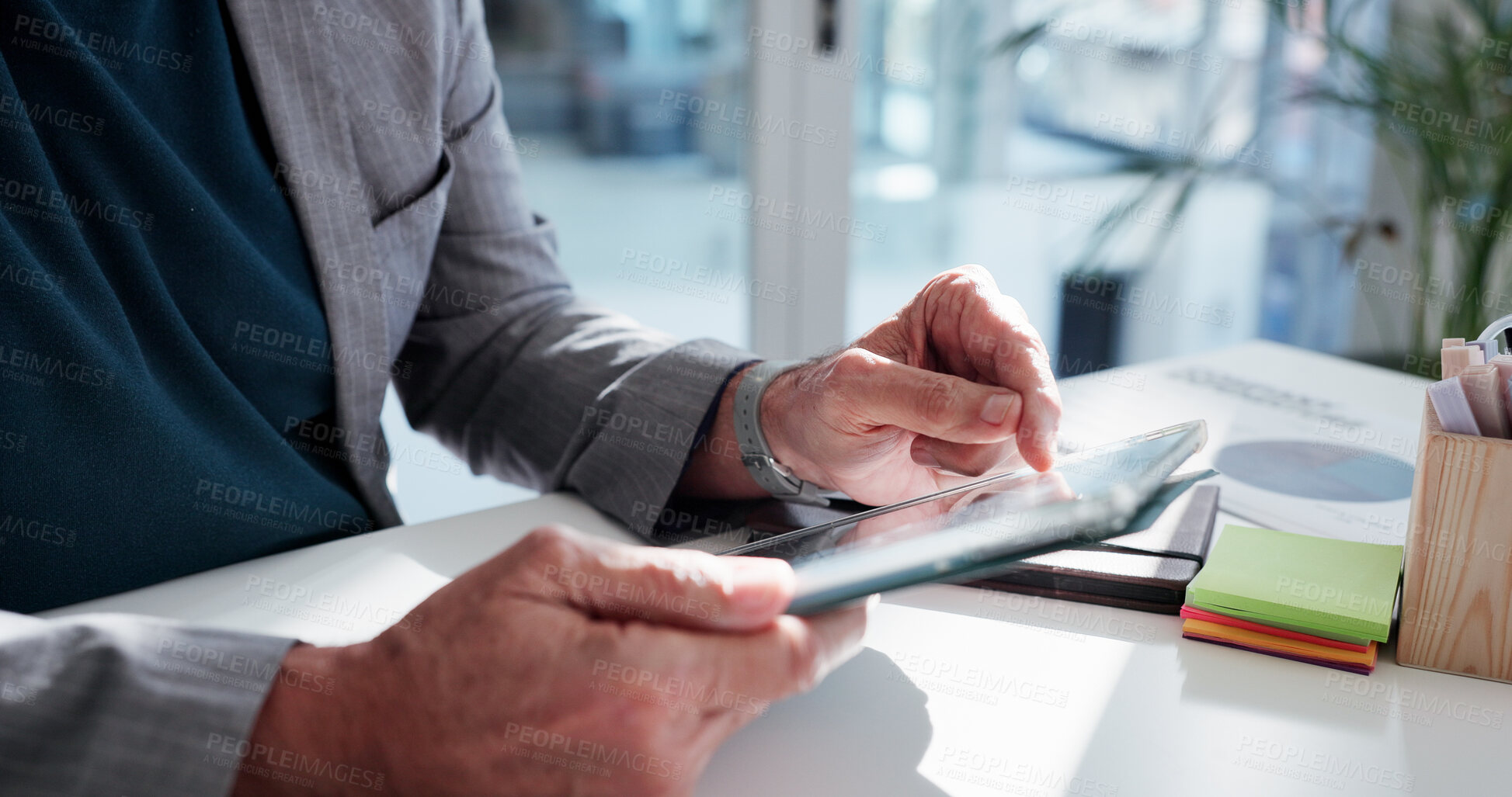 Buy stock photo Man, hands or scroll in office with tablet for financial report, statistics review or data analysis. Analyst, person or research in workplace with tech for charts, finance planning or email feedback.