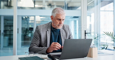 Buy stock photo Reading, mature or businessman with laptop in office, financial planning or create budget for company. Review department request, fund management or executive with money proposal, check draft or pc