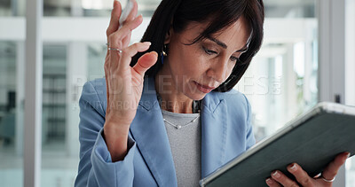 Buy stock photo Reading, stylus or business woman with tablet in office, planning or check report for fund management. Review portfolio performance, mature or wealth manager monitor assets, track market or tech