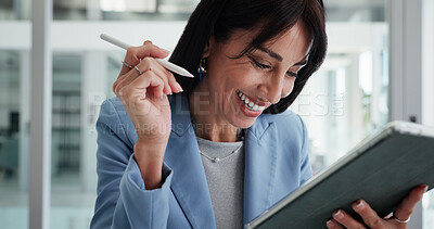 Buy stock photo Reading, stylus or happy woman with tablet in office, planning or check report for fund management. Review portfolio performance, mature or wealth manager monitor assets, track trading market or tech