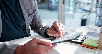 Buy stock photo Man, hands and typing in office with tablet for financial report, statistics review or data analysis. Analyst, person and scroll in workplace with tech for charts, finance planning or email feedback.