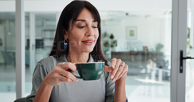 Buy stock photo Happy woman, coffee and office with cup for morning beverage or productive start in workplace. Female person, employee or thinking with comfort, smile or mug for warm drink, begin or business project