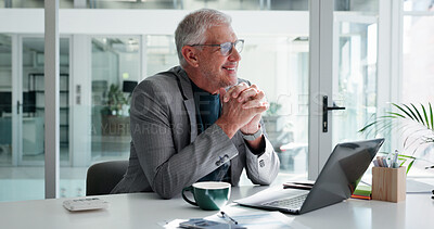Buy stock photo Happy, business man and laptop with thinking in office for financial solution, planning and ideas. Accountant, mature person and insight at firm for finance decision, investment opportunity or vision