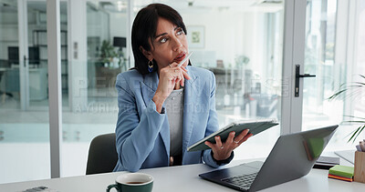 Buy stock photo Thinking, tablet and research with business woman in office for account manager, planning and budget review. Vision, portfolio advisor and trading report with mature person for investment broker