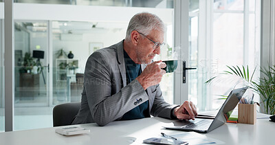Buy stock photo Office, coffee and man with laptop, typing and financial analysis on web, online and research on app. Business, accountant and mature person with tech for budget review, tea and planning for project