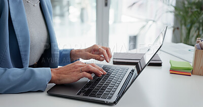 Buy stock photo Media agency, hands and woman in office, laptop and deadline for online submission. Magazine editor, copywriting or journalist with pc, publication or research for news report, website blog or column