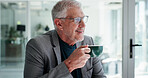 Coffee, thinking and mature businessman in office with ideas, reflection or decision for finance career. Happy, cappuccino and male financial manager with choice for company development in workplace.
