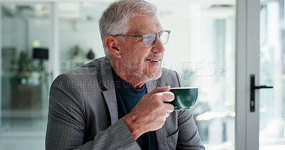 Buy stock photo Coffee, thinking and mature businessman in office with ideas, reflection or decision for finance career. Happy, cappuccino and male financial manager with choice for company development in workplace.