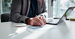 Hands, laptop and businessman writing on paperwork for financial reporting, balance sheet or auditing. Accountant, employee and documents at accounting firm for cash flow statement and record keeping