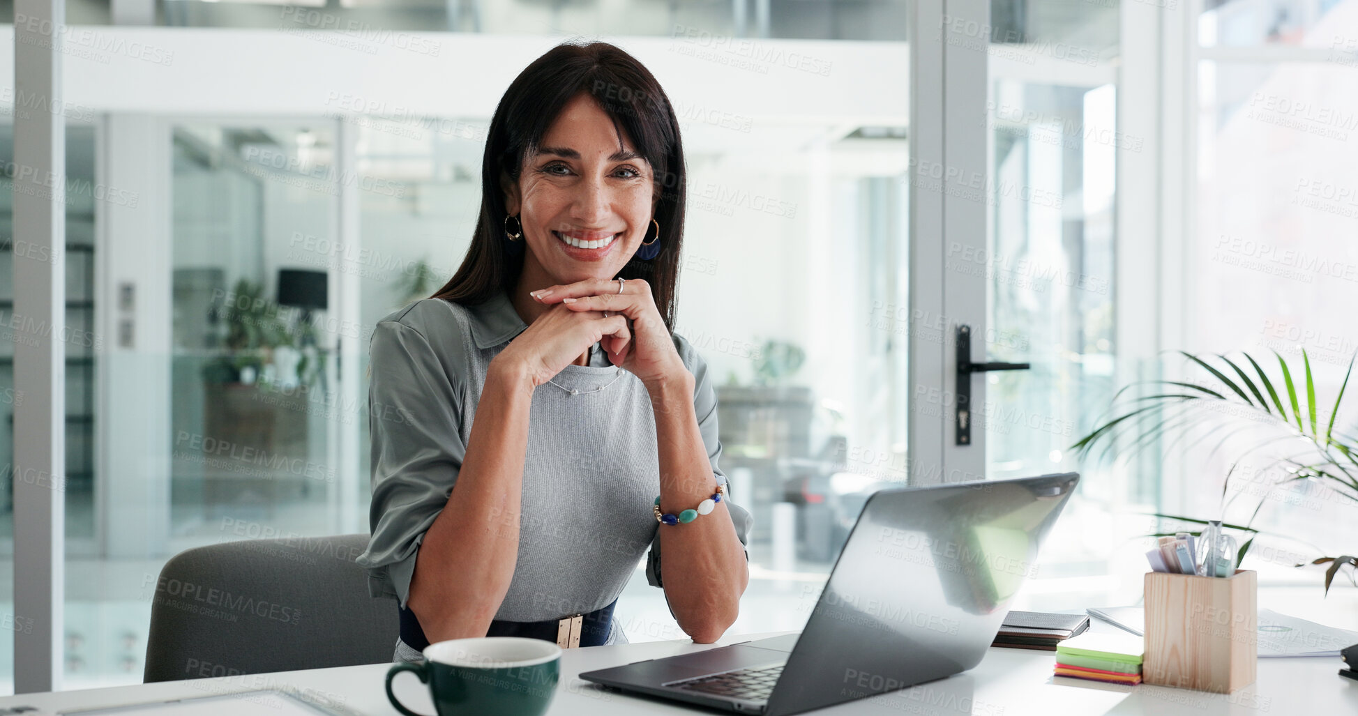 Buy stock photo Portrait, woman and smile in office with laptop, public relations, career growth or development. Happy, mature person and pride in workplace with computer for campaign planning, PR employment or job.