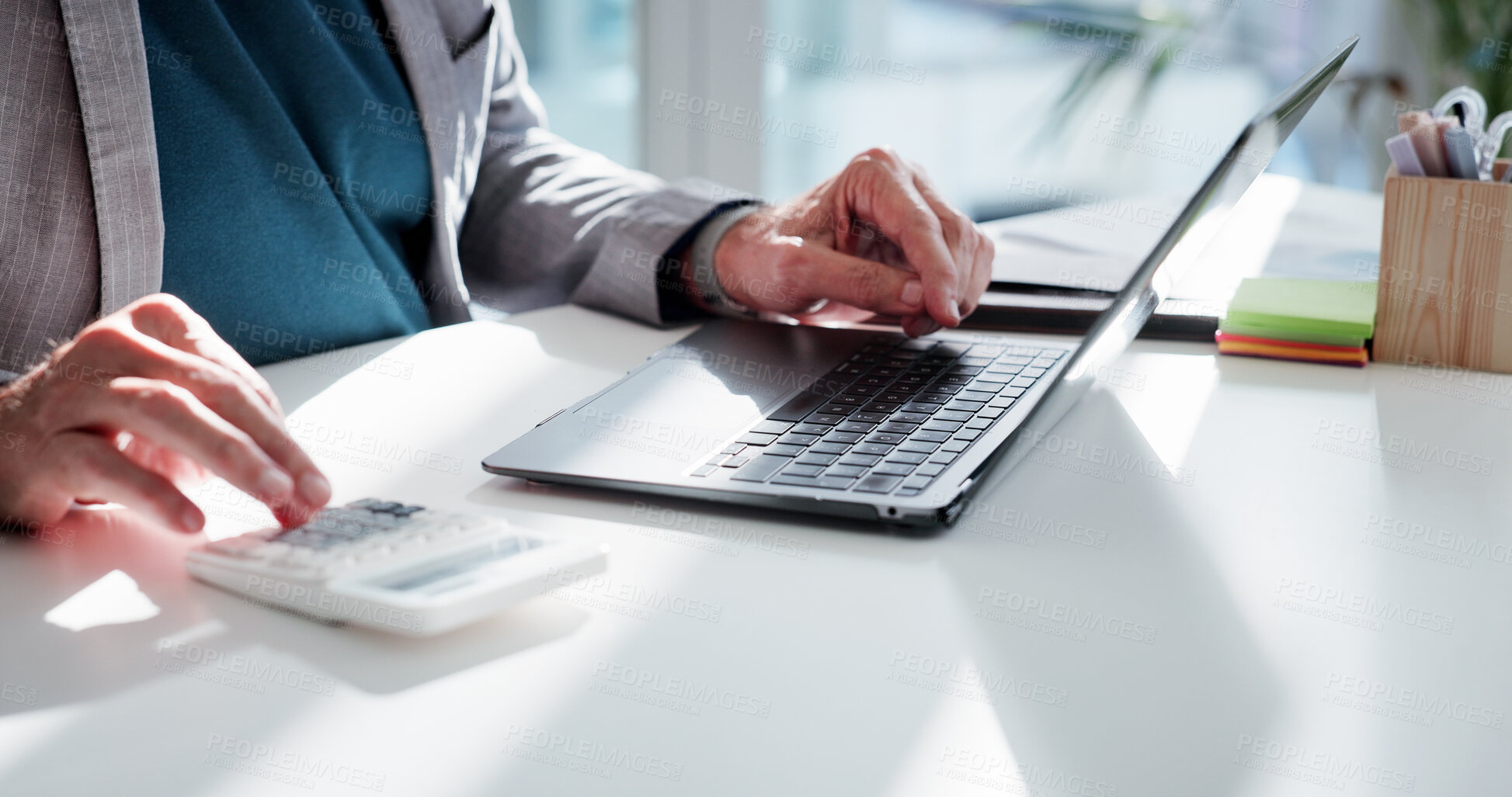 Buy stock photo Businessman, hands and finance with laptop or calculator for budget planning or expenses in office. Man, accountant or tax collector with computer for financial analysis, bills or audit in workplace