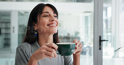 Buy stock photo Happy, thinking and business woman with coffee in office for inspiration, break and start day. Professional, workplace and person with drink, caffeine and latte for reflection, planning and ideas