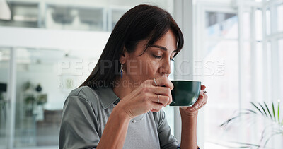 Buy stock photo Woman, coffee and office with cup for morning beverage or productive start in workplace. Female person, employee rest or drinking with comfort, aroma or mug for warm smell, begin or business break
