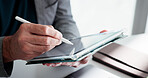 Man, hands and web designer with tablet in office for creative project, development or research. Closeup, businessman or employee with pen or technology for network, schedule or tasks in workplace