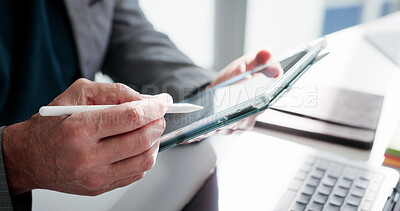 Buy stock photo Creative man, hands and pen with tablet for project planning, schedule or web design in office. Businessman, designer or employee with technology or laptop for online app, software or development