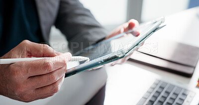 Buy stock photo Man, hands and pen with tablet for project planning, schedule or web design in office. Businessman, creative designer or employee with technology or laptop for online app, software or development