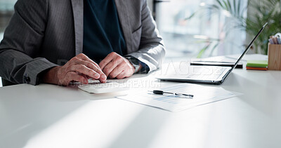 Buy stock photo Businessman, hands or finance with calculator or documents for project budget or expenses in office. Man, accountant or tax collector with laptop for financial analysis, bills or audit in workplace