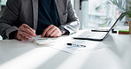 Businessman, hands or accounting with calculator for finance, project budget or expenses in office. Man, accountant or tax collector with laptop for financial analysis, bills or audit in workplace