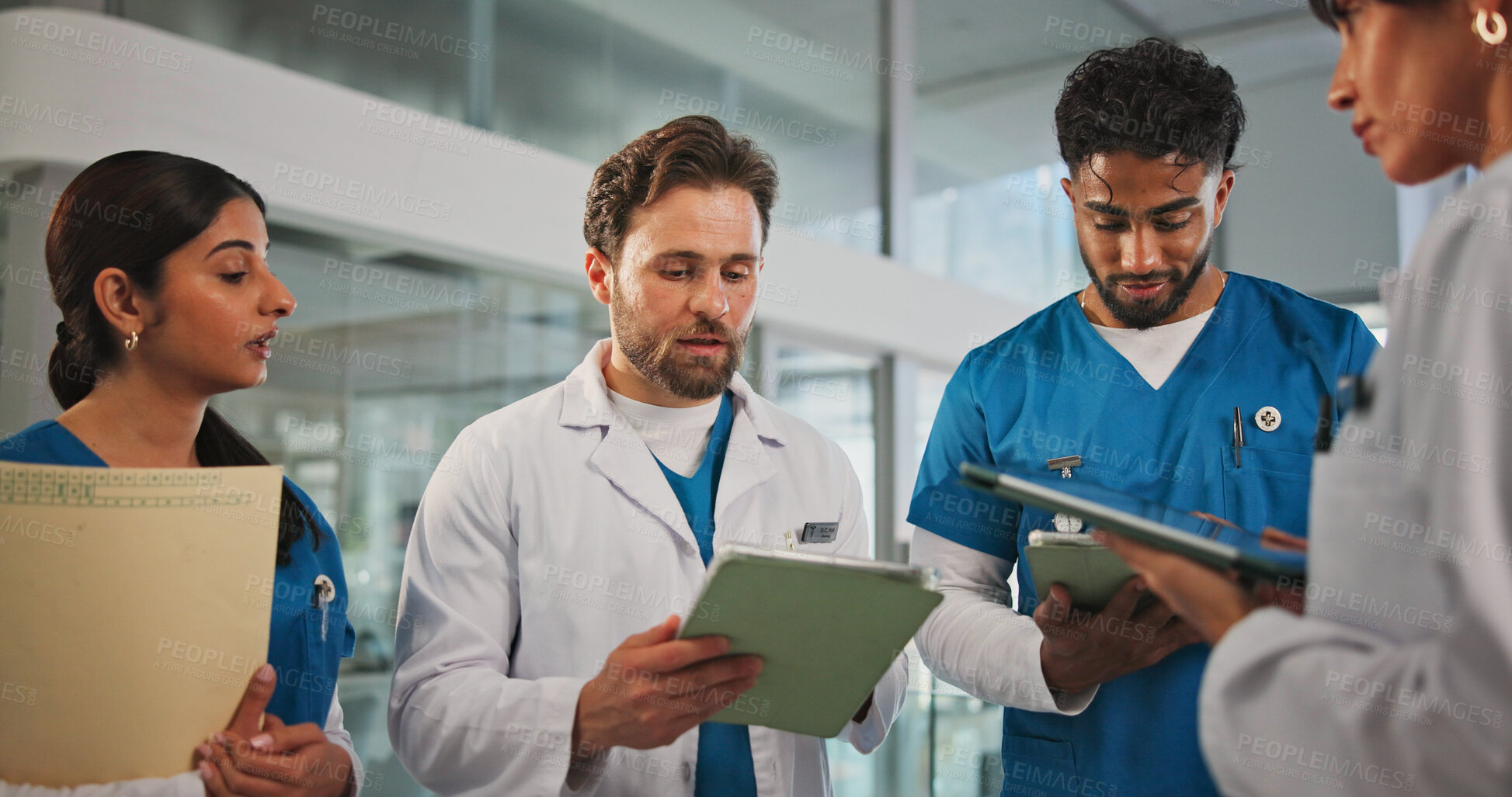 Buy stock photo Tablet, documents and doctors with nurses in hospital for medical report, research or feedback. Digital technology, folders and team of healthcare employees in discussion for advice in clinic.