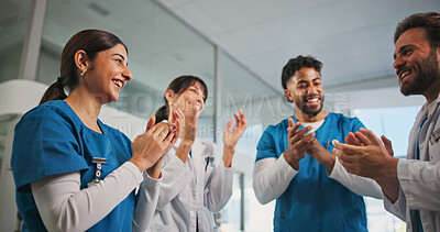 Buy stock photo Doctors, group of people and applause for support, thank you and success in hospital. Nurses, medical professionals and men clapping hands for clinic achievement, collaboration and celebration