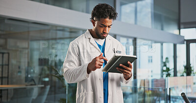 Buy stock photo Thinking, doctor and man in hospital, tablet and internet with email notification. Person, medical service and professional in clinic, tech or decision with results, app and schedule with healthcare