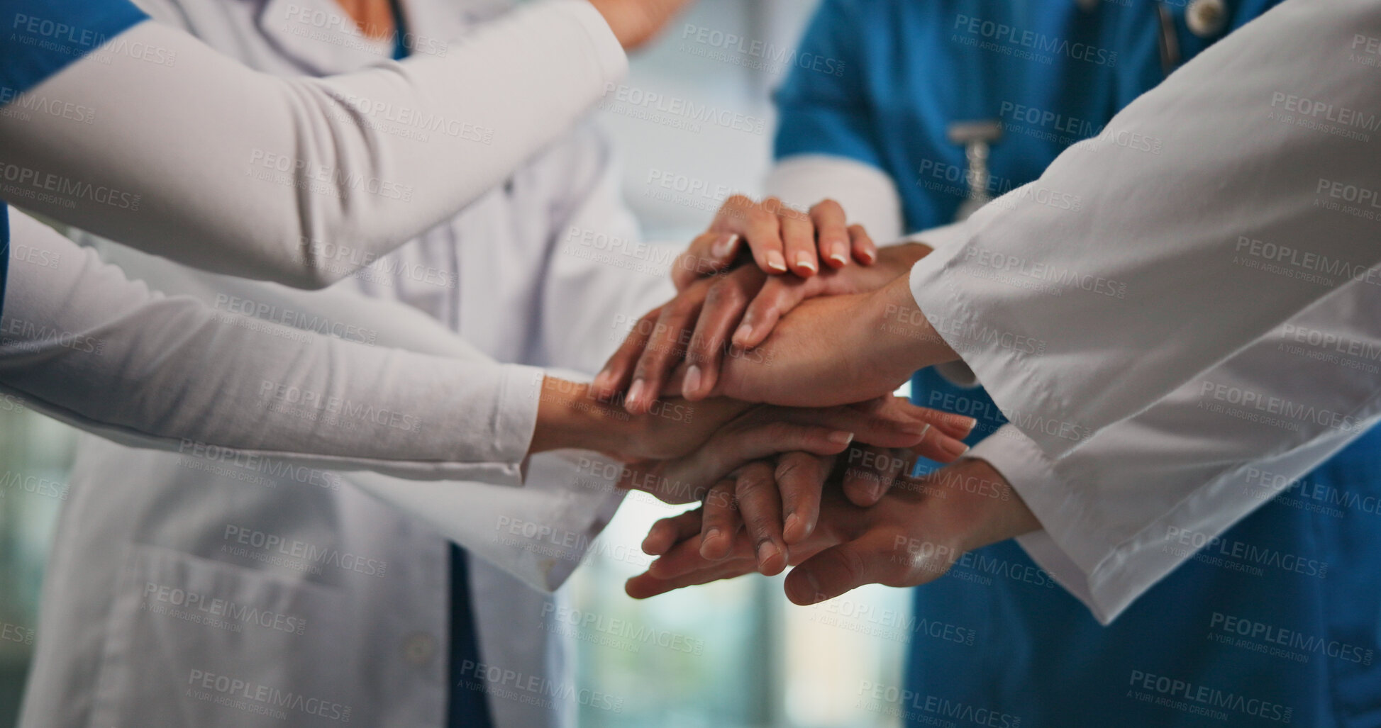 Buy stock photo Closeup, nurses and doctors with handstack in hospital for celebration, surgery success and victory. People, healthcare workers and huddle for medical milestone, staff motivation and team achievement