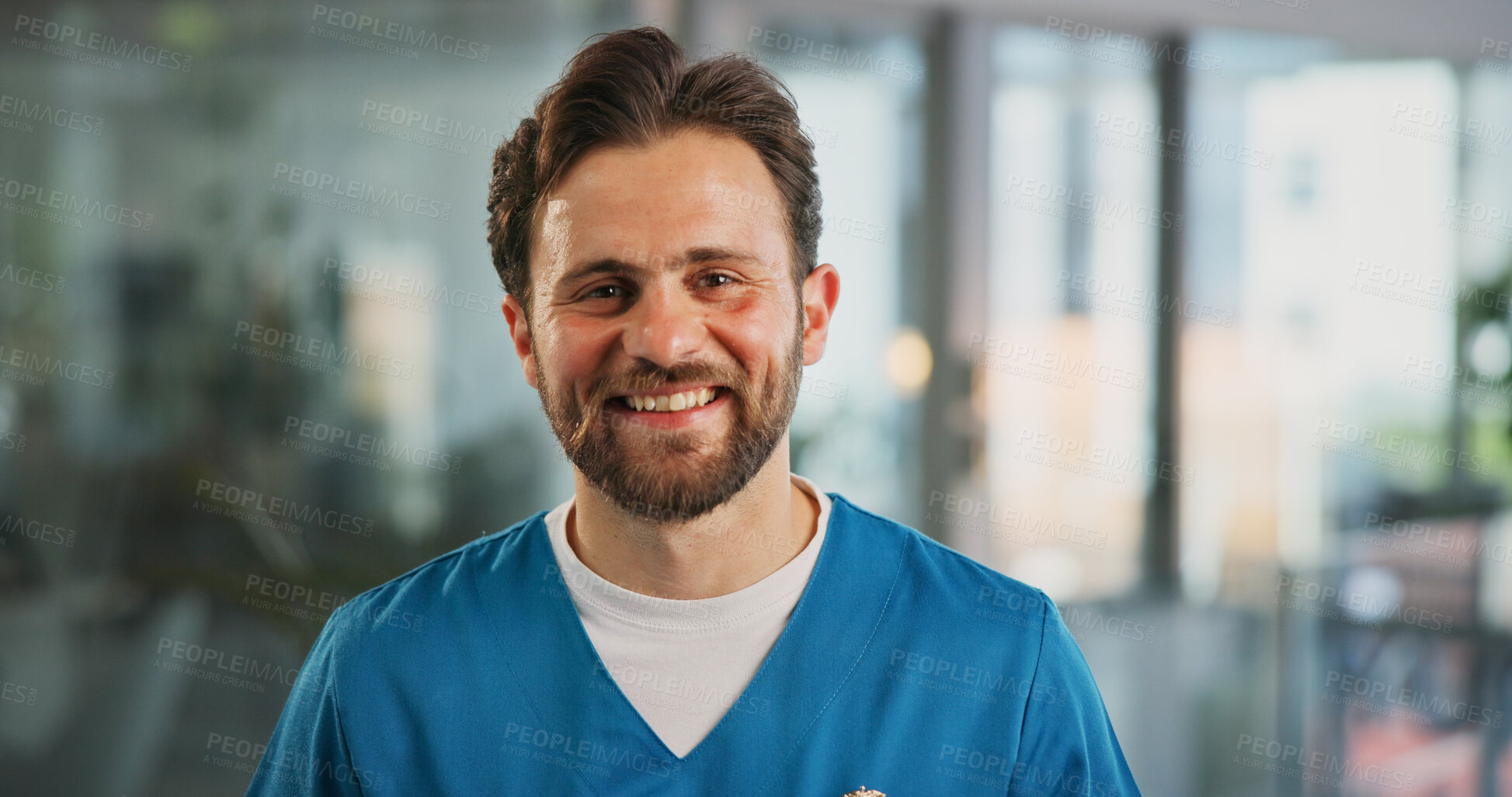 Buy stock photo Portrait, man and nurse with smile in hospital for career pride, about us and medical service. Happy, male person and job ambition for healthcare assistance, patient care and confidence for wellness