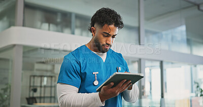 Buy stock photo Nurse, man or reading with tablet in hospital, healthcare platform or access medical records for info. Patient vital update, review medicine schedule or doctor with digital report, tech or research