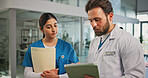 Tablet, documents and doctor with nurse in hospital for medical report, research or feedback. Digital technology, collaboration and team of healthcare employees in discussion for advice in clinic.