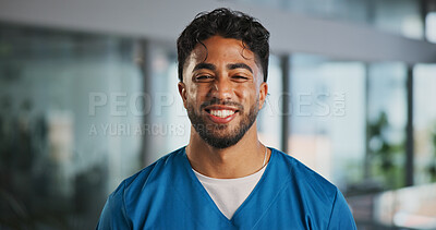 Buy stock photo Happy, man and nurse with portrait in hospital for career pride, about us and medical service. Smile, male person and job ambition for healthcare assistance, patient care and confidence for wellness