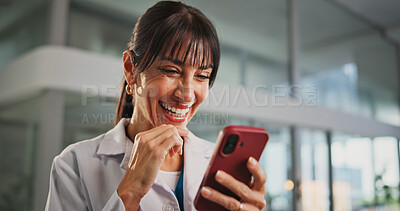 Buy stock photo Cellphone, woman and doctor in hospital with typing for texting, communication or email for telehealth. Laugh, technology and healthcare worker with phone for contact, networking or medical support.