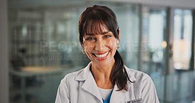 Buy stock photo Happy, woman and doctor with portrait in hospital for career pride, about us and medical service. Smile, female person and ambition for healthcare assistance, patient care and confidence for wellness