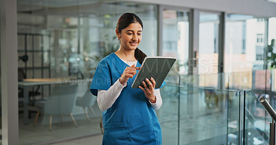 Buy stock photo Healthcare, nurse and happy woman in hospital, tablet and internet with email notification. Person, medical service or professional in clinic, tech or smile with test results, app and online schedule