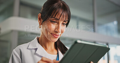 Buy stock photo Thinking, doctor and woman in clinic, tablet and internet with email notification. Person, medical service and employee with tech, healthcare or decision with test results, digital app and schedule