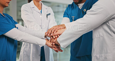 Buy stock photo Group, nurses and doctors with handstack in hospital for celebration, surgery success and victory. People, healthcare workers and huddle for medical milestone, staff motivation and team achievement