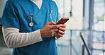 Phone, hands and nurse in hospital with typing for texting, communication or email for telehealth. Service, technology and healthcare worker with cellphone for contact, networking or medical support.