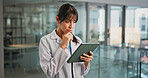 Thinking, doctor and woman in workplace, tablet and internet with digital app for test results. Person, medical service or professional in clinic, tech or decision with schedule, choice or healthcare