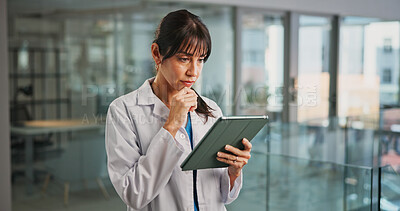 Buy stock photo Thinking, doctor and woman in workplace, tablet and internet with digital app for test results. Mature person, medical service or professional in clinic, tech or decision with schedule and healthcare