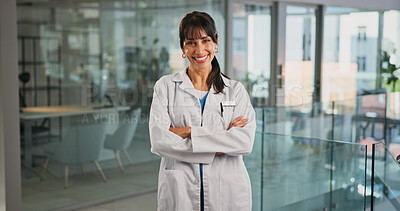 Buy stock photo Portrait, woman and doctor with arms crossed in hospital for career pride, about us and medical service. Happy, female person and confidence for healthcare ambition, patient care and wellness advice