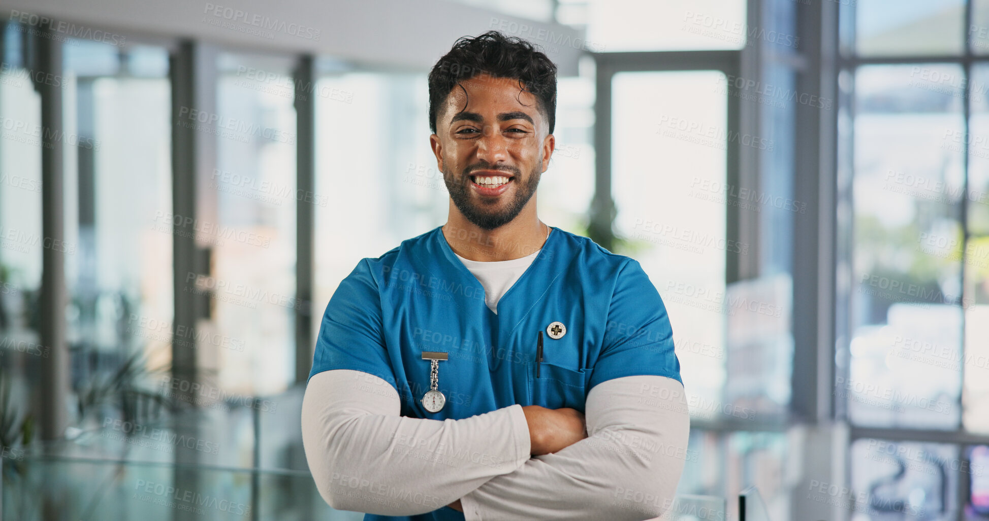 Buy stock photo Portrait, man and nurse with arms crossed in hospital for career pride, about us and medical service. Happy, male person and ambition for healthcare assistance, patient care and advice for wellness
