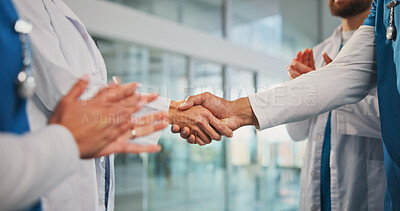 Buy stock photo Handshake, applause and doctors in hospital for agreement, support or medical deal together. Shaking hands, greeting and healthcare employees with welcome, collaboration or teamwork in clinic.