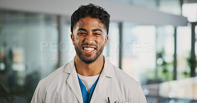 Buy stock photo Portrait, man and doctor with smile in hospital for career pride, about us and medical service. Happy, male person and job ambition for healthcare assistance, patient care and confidence for wellness