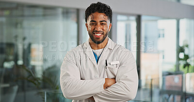 Buy stock photo Portrait, man and doctor with arms crossed in hospital for career pride, about us and medical service. Happy, male person and ambition for healthcare advice, patient care and confidence for wellness